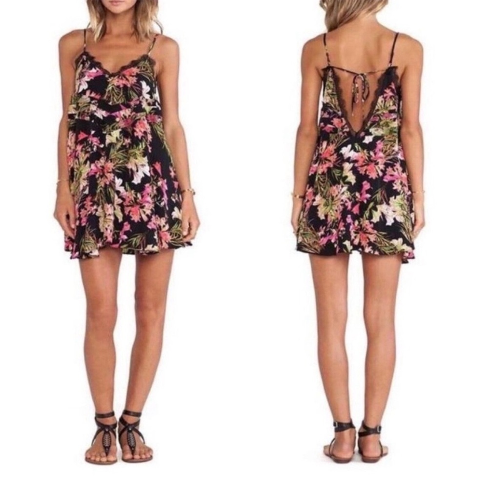 Lovers + Friends Black Floral Lace-Trim Spaghetti Strap Mini Dress